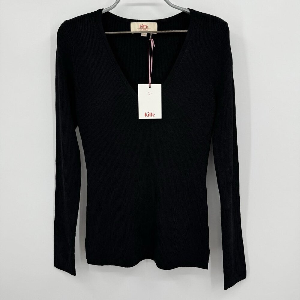 Kilte Collection The Marlee Rib Knit V-Neck Sweater size 2 M Medium Black Rayon